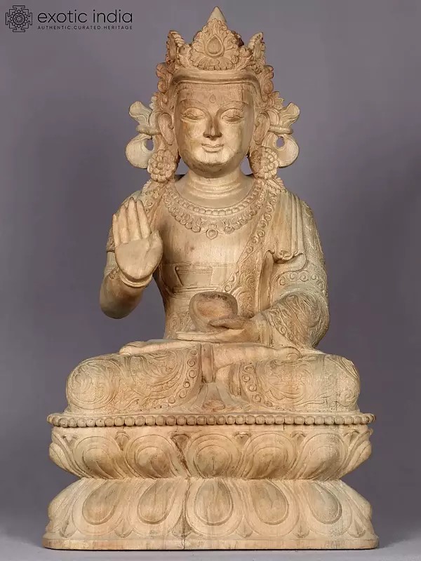 20" Wooden Crowned Lord Buddha Sculpture