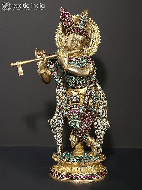11" Tribhanga Murari (Krishna) Playing Flute | Brass Statue with Inlay Work