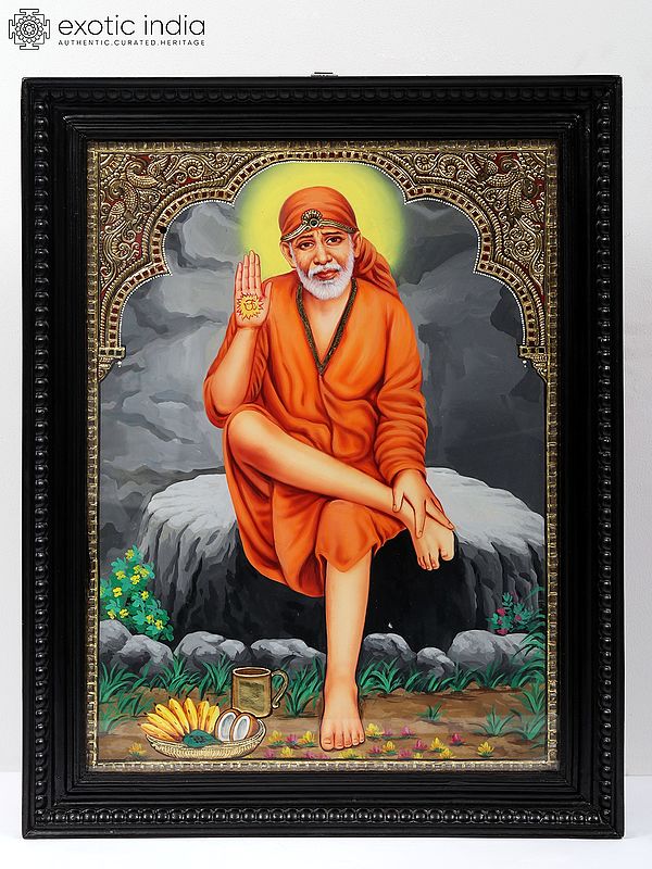 Blessing Sai Baba - Tanjore Painting | Traditional Colors With Gold Work | With Frame