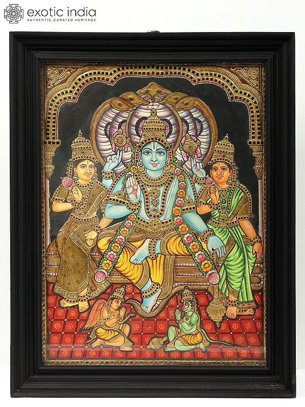 Lord Vishnu with Bhu Devi and Shri Devi - Tanjore Painting with Frame | Traditional Colors with Gold Work
