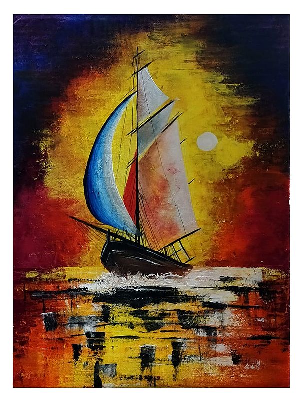 Floating Sailing Boat In Sunset | Acrylic On Canvas | By Suman Das