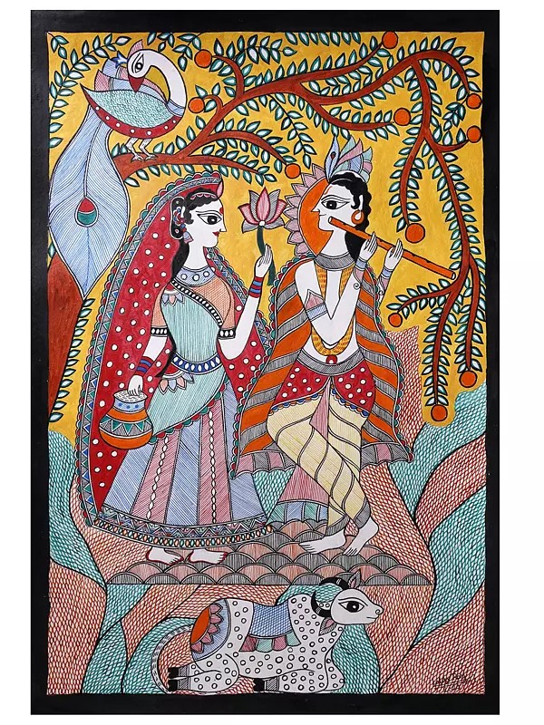 Radha Krishna Spiritual Love With Frame | Acrylic Color On Hand Made Paper | Lalita Ray