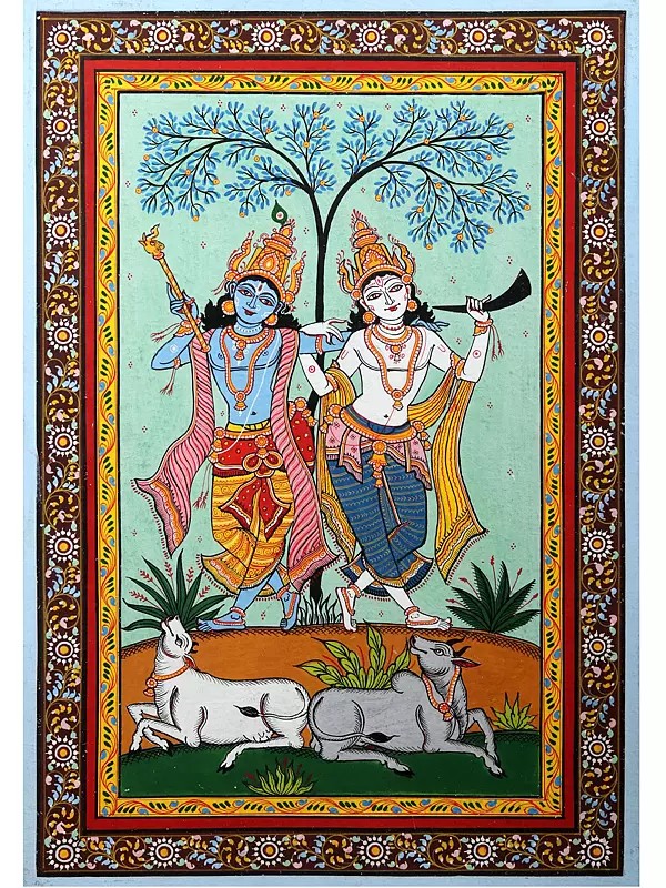 Dancing Lord Krishna with Brother Balaram | Pattachitra Painting from Odisha