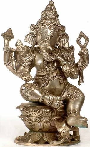 11" Brass Ganesha Idol Seated on Lotus in Sliver Color | Handmade | Made in India