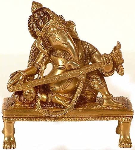 4" Lord Ganesha With Sitar In Brass | Handmade | Made In India
