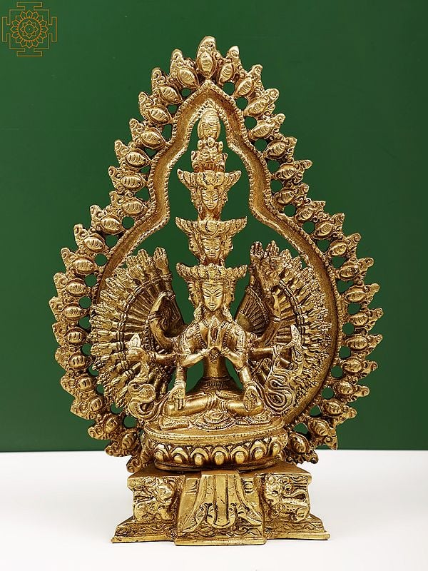 10" Tibetan Buddhist Thousand-Armed Seated Avalokiteshvara In Brass