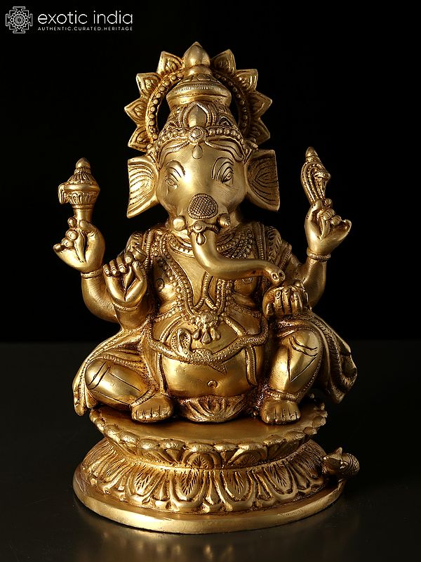 9" Kamalasana Chaturbhuja Ganesha | Brass Statue