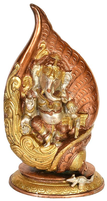 12" Brass Lord Ganesha in The Folds of A Conch | Handmade Home Office Decor