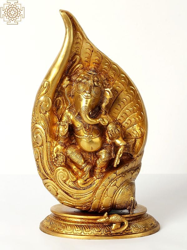12" Lord Ganesha In The Folds Of A Conch In Brass | Handmade | Made In India