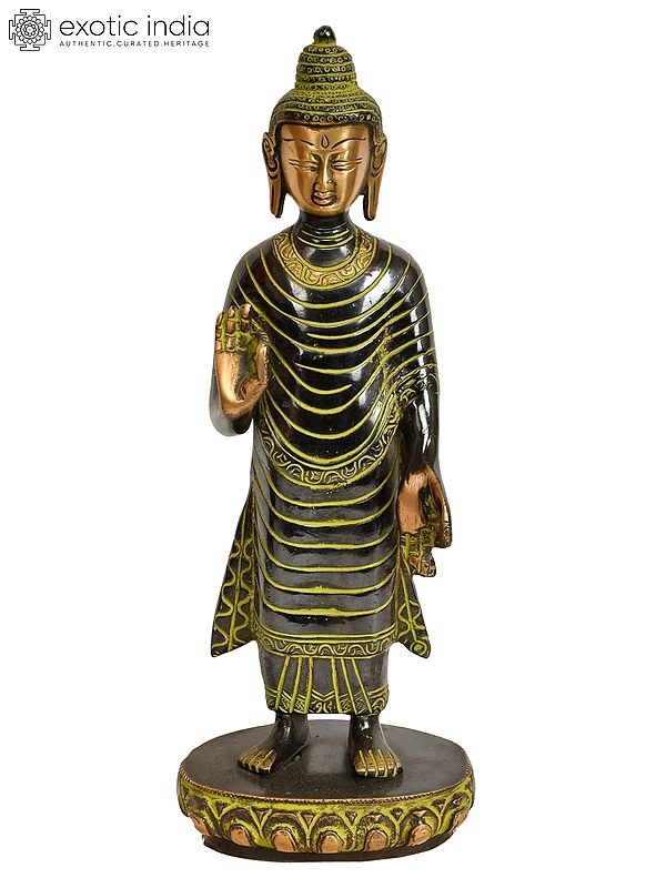 10" Standing Buddha Brass Statue | Handmade Tibetan Buddhist Deity Idols | Made in India