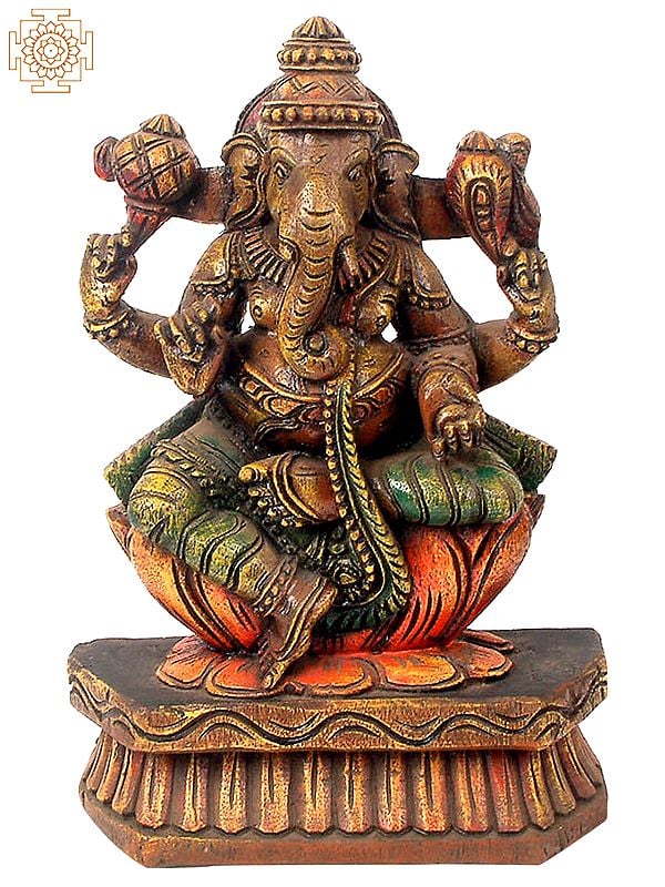 Lalitasana Chaturbhuja Ganesha Wooden Sculpture - Carved from South Indian Temple Wood