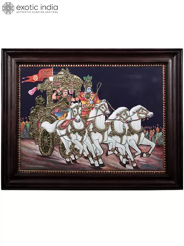 Krishna Drives Arjuna's Chariot in The Mahabharata (Geeta Upadesha) | Framed Tanjore Painting