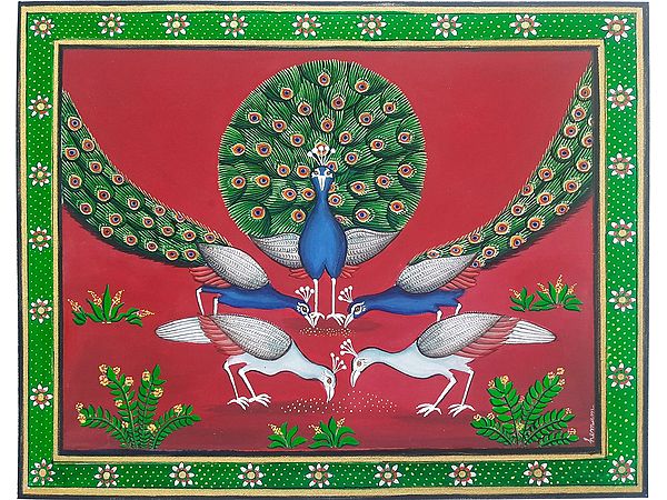 Beautiful Peacocks | Poster Color on Fabric | By Hema Minakshi