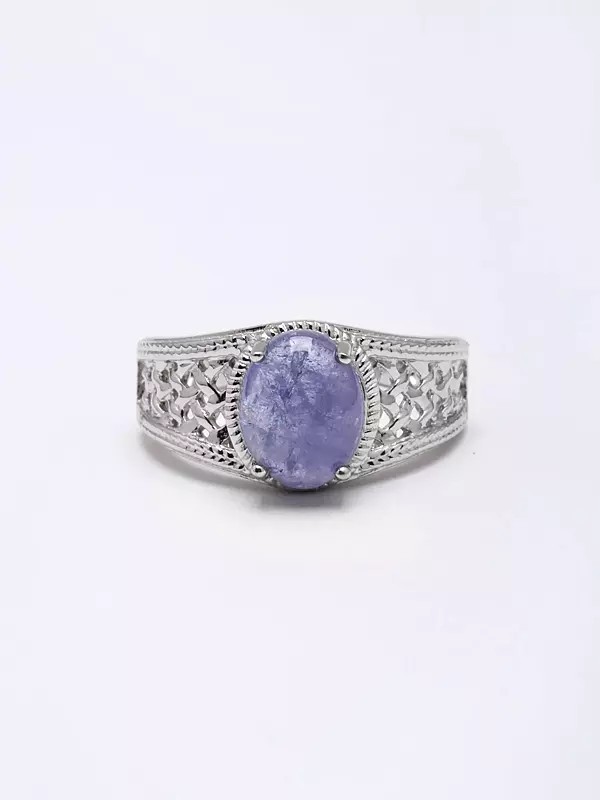 Lattice Design Sterling Silver Ring with Oval Cut Tanzanite Gemstone