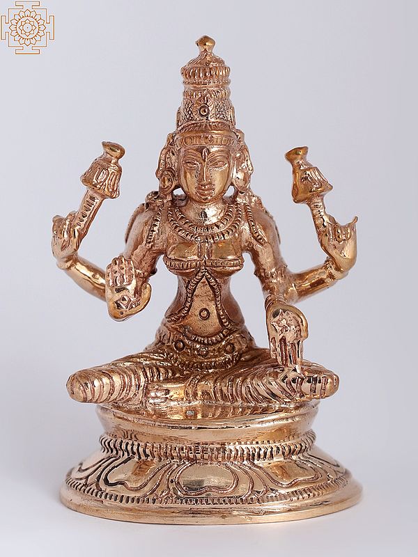 3" Bronze Goddess Lakshmi Statue Seated on Pedestal