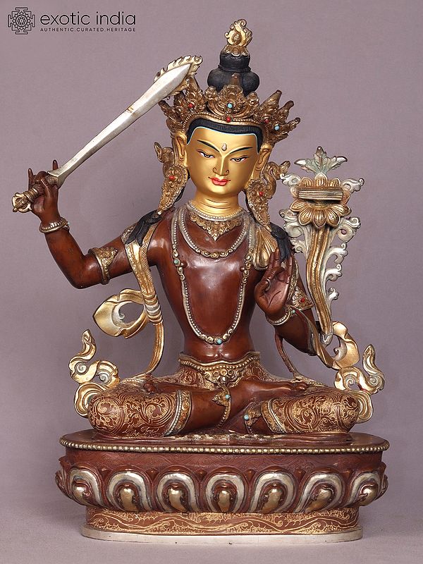 15" Manjushri Copper Statue from Nepal | Buddhist Deity Idols