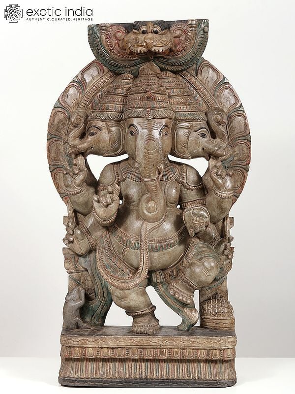 36" Large Dancing Trimukha Lord Ganesha Wooden Statue