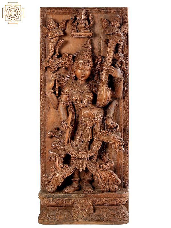 35" Large Wooden Standing Devi Saraswati | Wall Panel