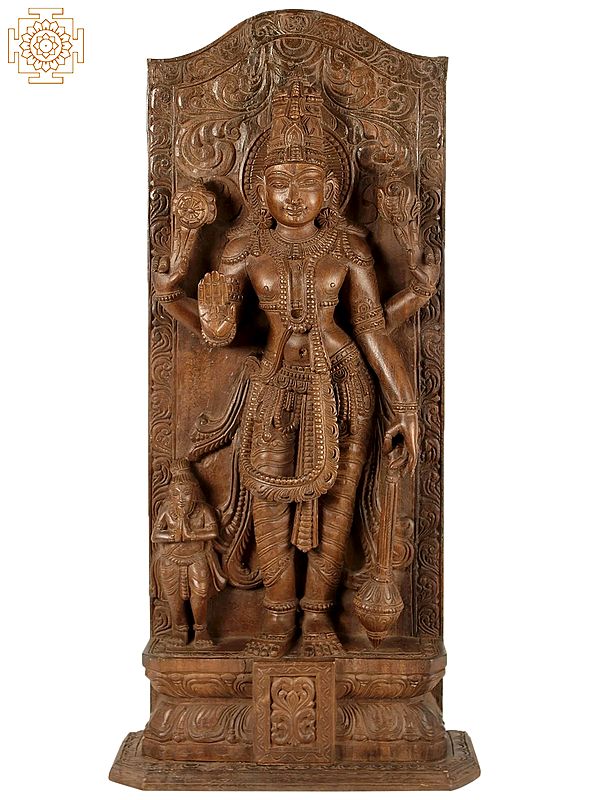 36" Large Wooden Standing Lord Vishnu | Wall Panel