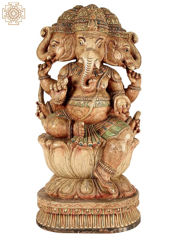 34" Large Wooden Sitting Three Heads Lord Ganesha