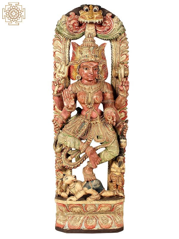 48" Dancing Goddess Parvati Idol with Kirtimukha Arch | Large Wooden Wall Panel