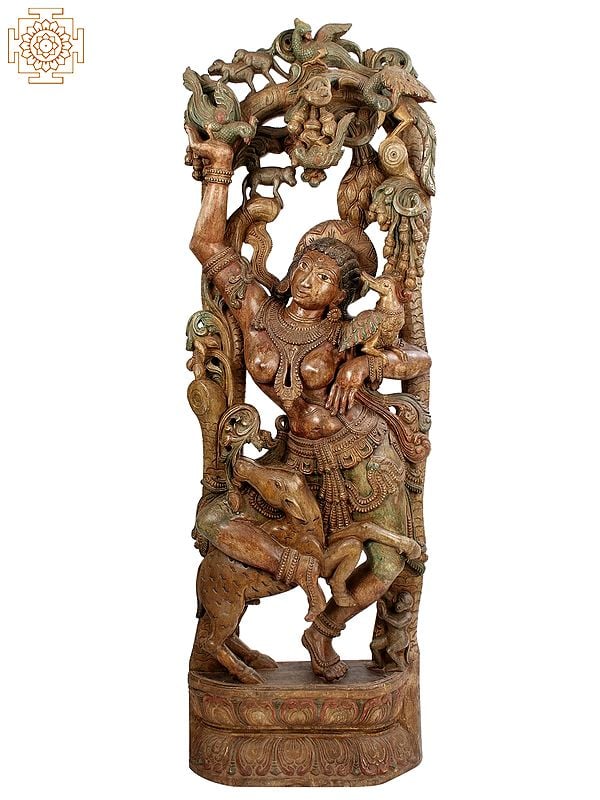 Shakuntala Plays with a Deer in the Forest: Large Wooden Statue