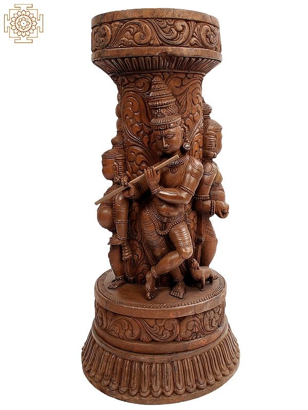 29" Wooden Designer Table Base with Lord Krishna Theme