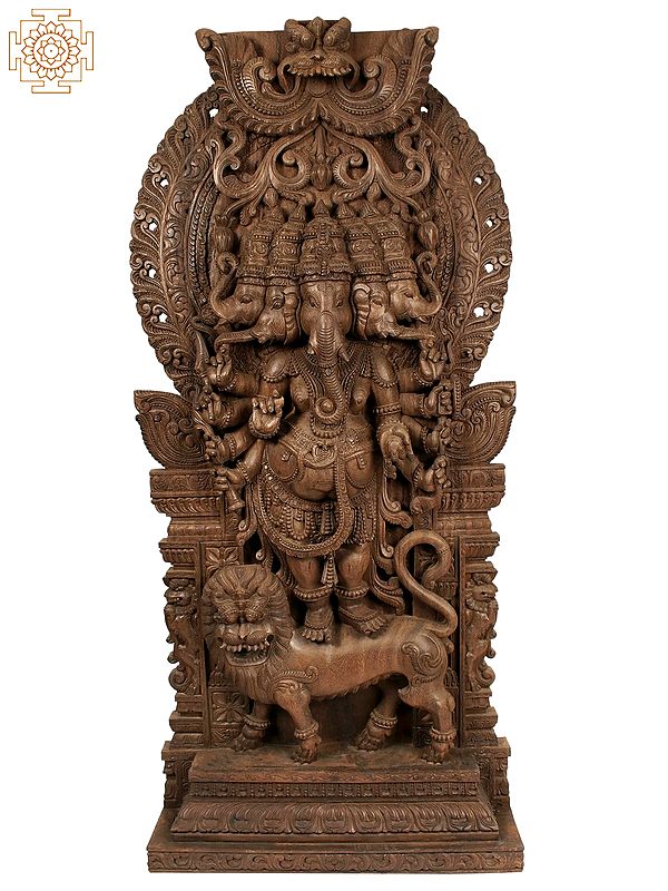 73" Large Wooden Five Heads and Ten Armed Standing Lord Ganesha on Lion