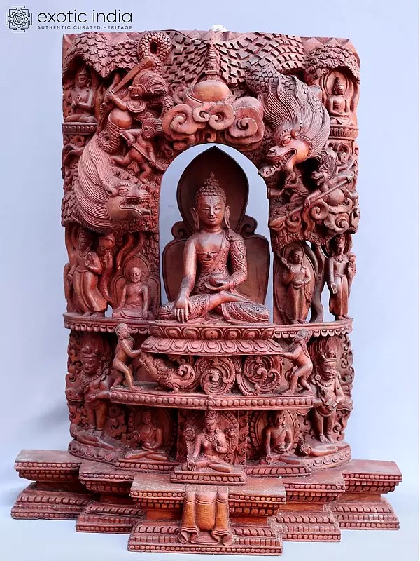 21'' Demons Attacking Lord Buddha Wooden Sculpture | Nepalese Handicrafts