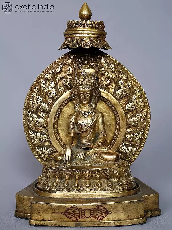 10'' Buddhist Deity Crowned Buddha From Nepal | On Royal Throne | Copper With Gold