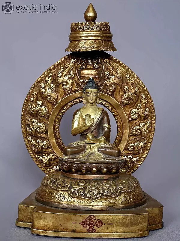10'' Shakyamuni Buddha Idol Seated on Royal Throne | Copper with Gold from Nepal