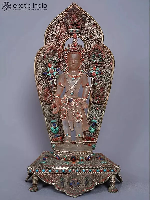 15'' Buddhist Deity Avalokiteśvara With Stone Work From Nepal | On Royal Throne | Crystal With Silver