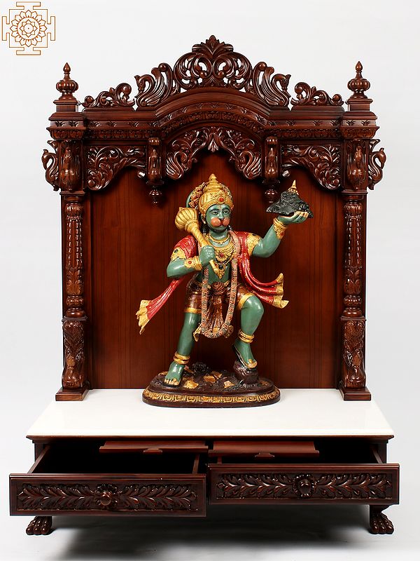 52" Large Wooden Designer Puja Temple with Double Drawer