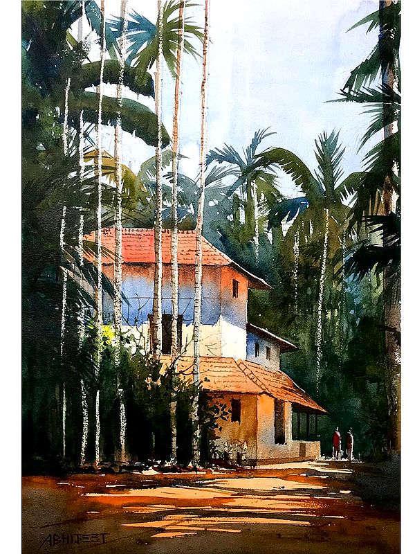 Tall Palm Tree Near House | Watercolor On Paper | By Abhijeet Bahadure