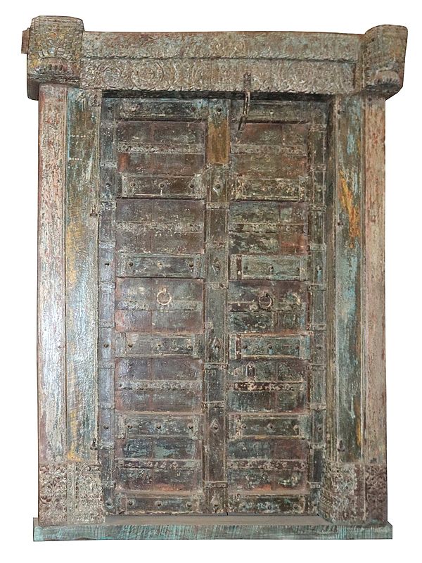 87" Large Wooden Vintage Front Door from Rajasthan