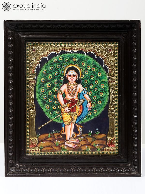Lord Karttikeya Tanjore Painting | Traditional Colors with Gold | Teakwood Frame | Handmade