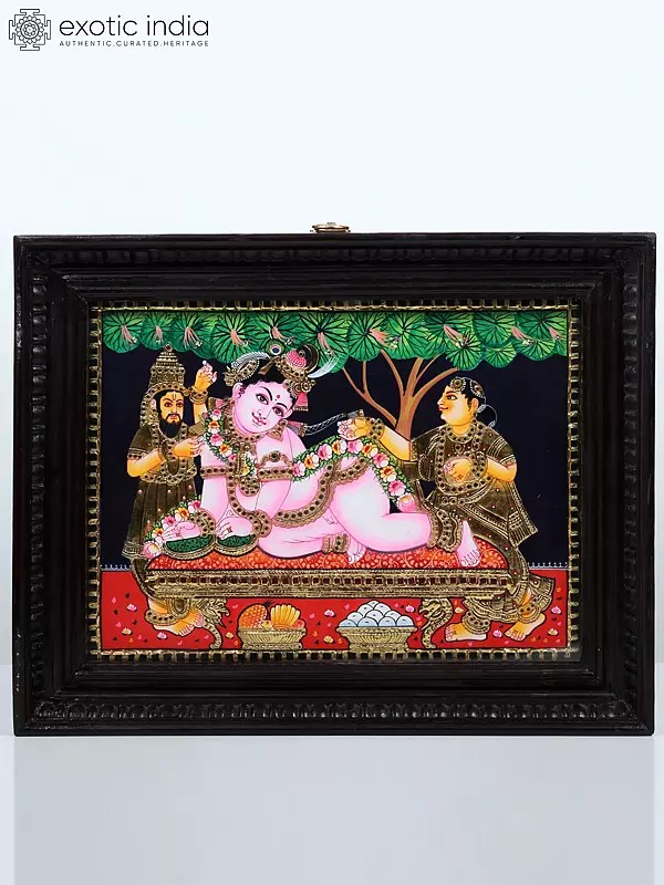 Maiya Yashoda with Bal Krishna Tanjore Painting | Traditional Colors With 24K Gold | Teakwood Frame | Handmade