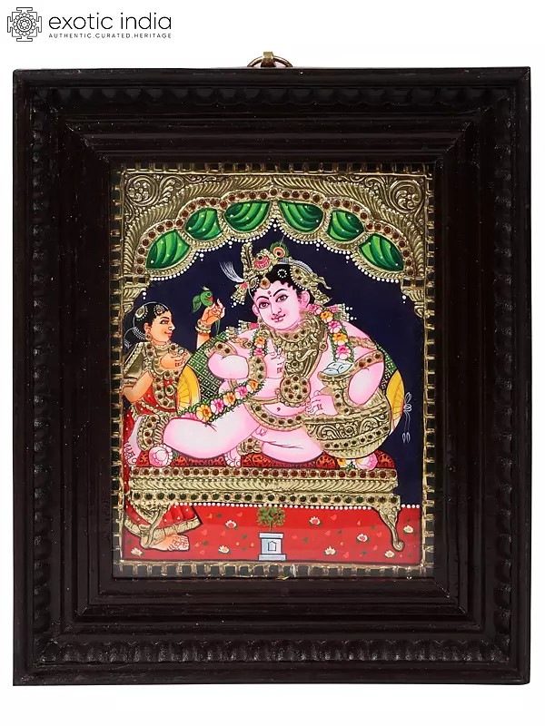 Butter Krishna Tanjore Painting | Traditional Colors with Gold | Teakwood Frame | Handmade | Made in India