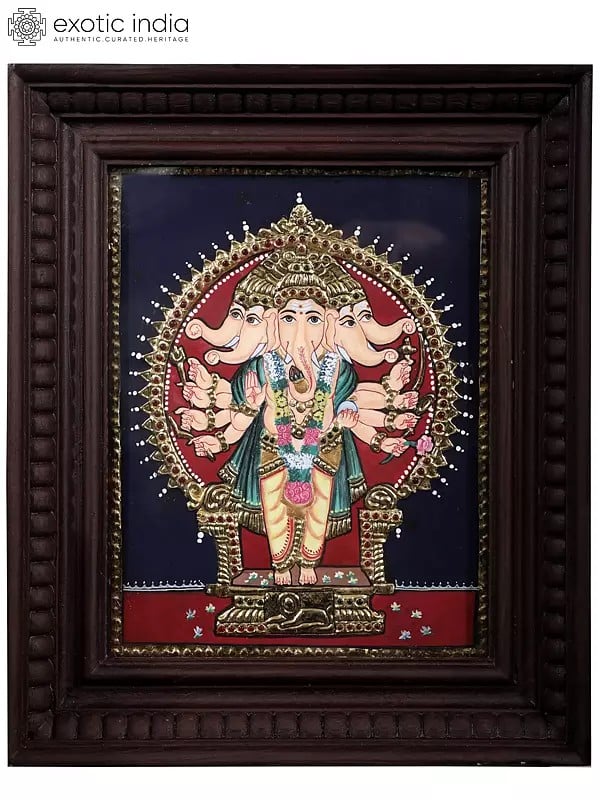 Standing Panchmukhi Lord Ganesha Tanjore Painting | Traditional Colors with 24 Karat Gold | With Frame