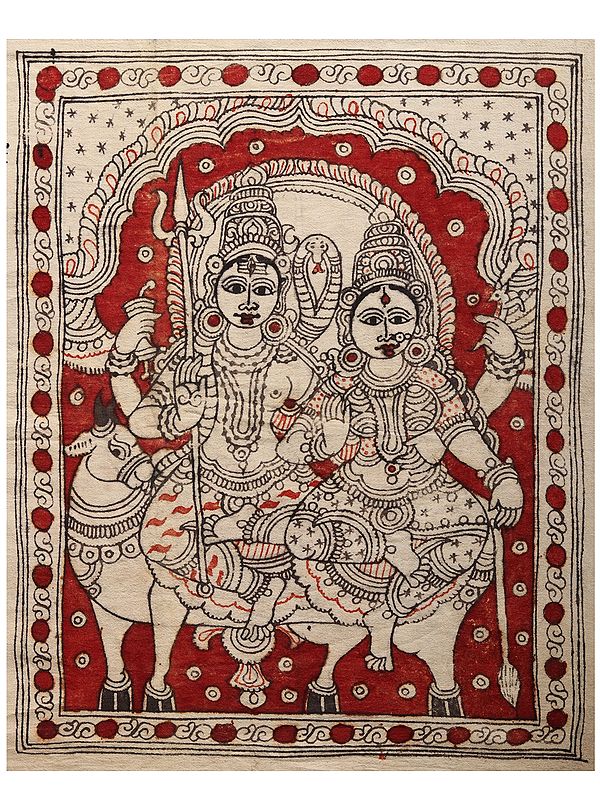 Lord Shiva Goddess Parvati Seated on Nandi | Kalamkari Painting
