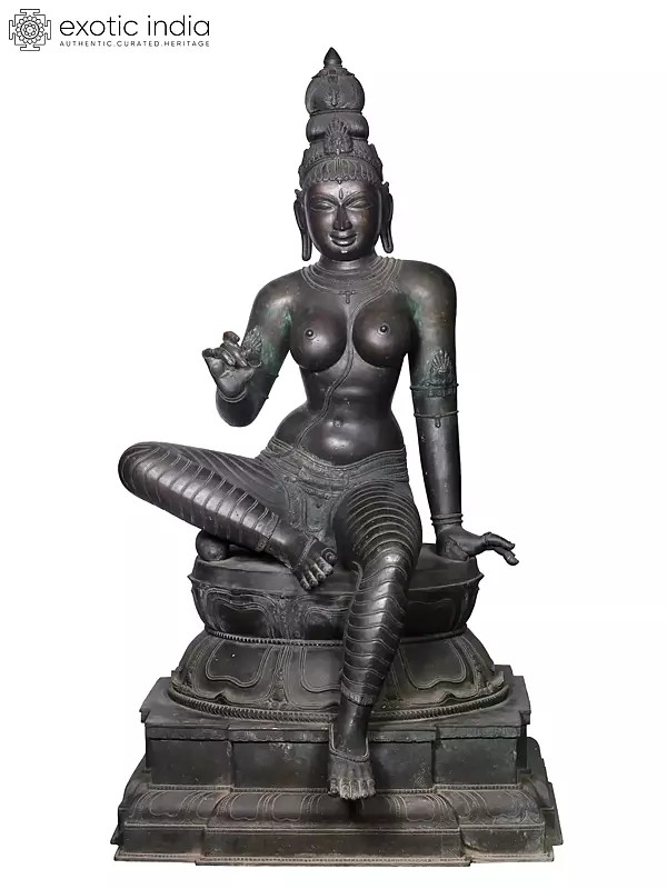 62'' Large Superfine Seated Uma Parvati (Bhoga Shakti) | Madhuchista Vidhana (Lost-Wax) | Panchaloha Bronze from Swamimalai (Shipped by Sea)