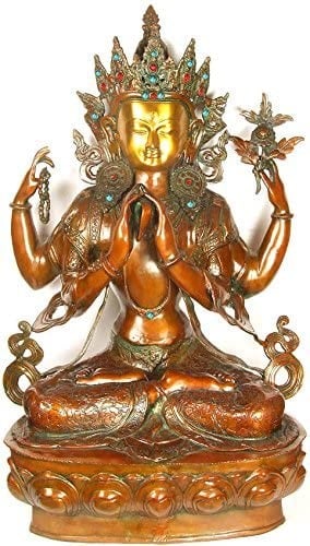 38" Tibetan Buddhist Deity Large Size Chenrezig (Shadakshari Lokeshvara) In Brass | Handmade | Made In India