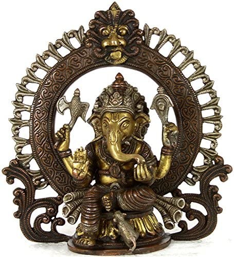 8" Seated Ganesha with Floral Aureole and Kirtimukha Atop In Brass
