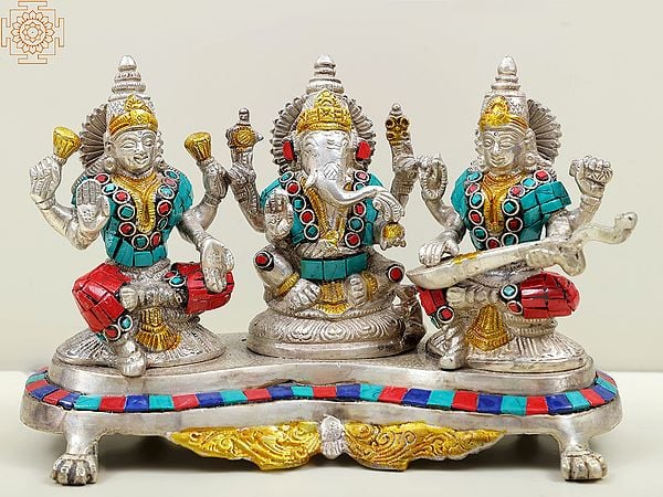6" Three Auspicious Deities - Lakshmi Ganesha and Saraswati in Brass | Handmade | Made In India