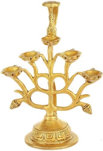 8" Five Wick Hand-Held Puja Lamp In Brass