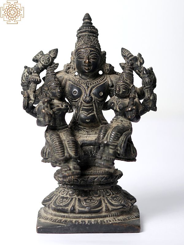 4" Small Lord Vishnu with Shridevi and Bhudevi | Brass Statue
