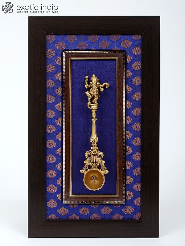 17" Wooden Framed Dancing Ganesha Ritual Spoon in Brass | Wall Hanging