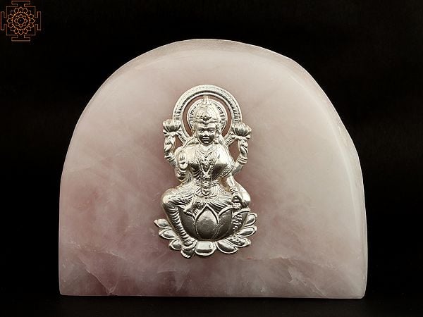 5" Goddess Lakshmi Silver Idol on Rose Quartz Gemstone with Gift Box