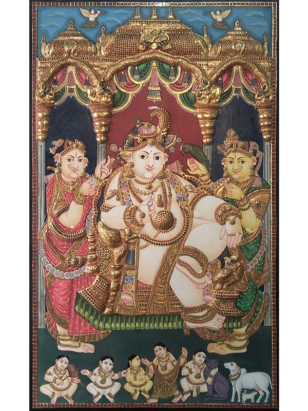 Lord Krishna with Rukmini and Satyabhama Tanjore Painting Without Frame