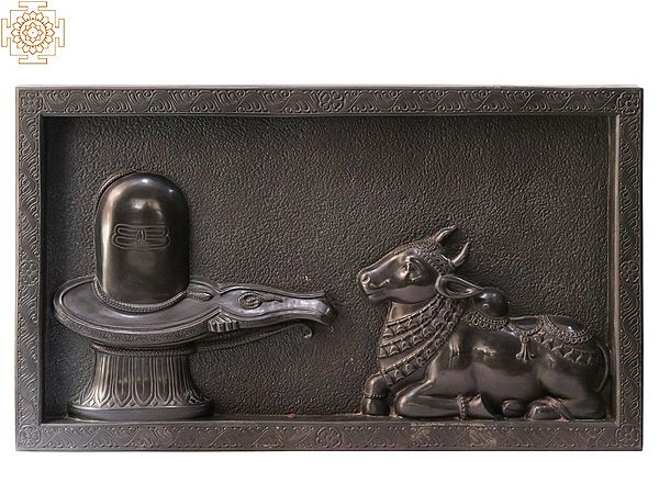 50" Engraved Shiva Linga and Nandi on Black Marble